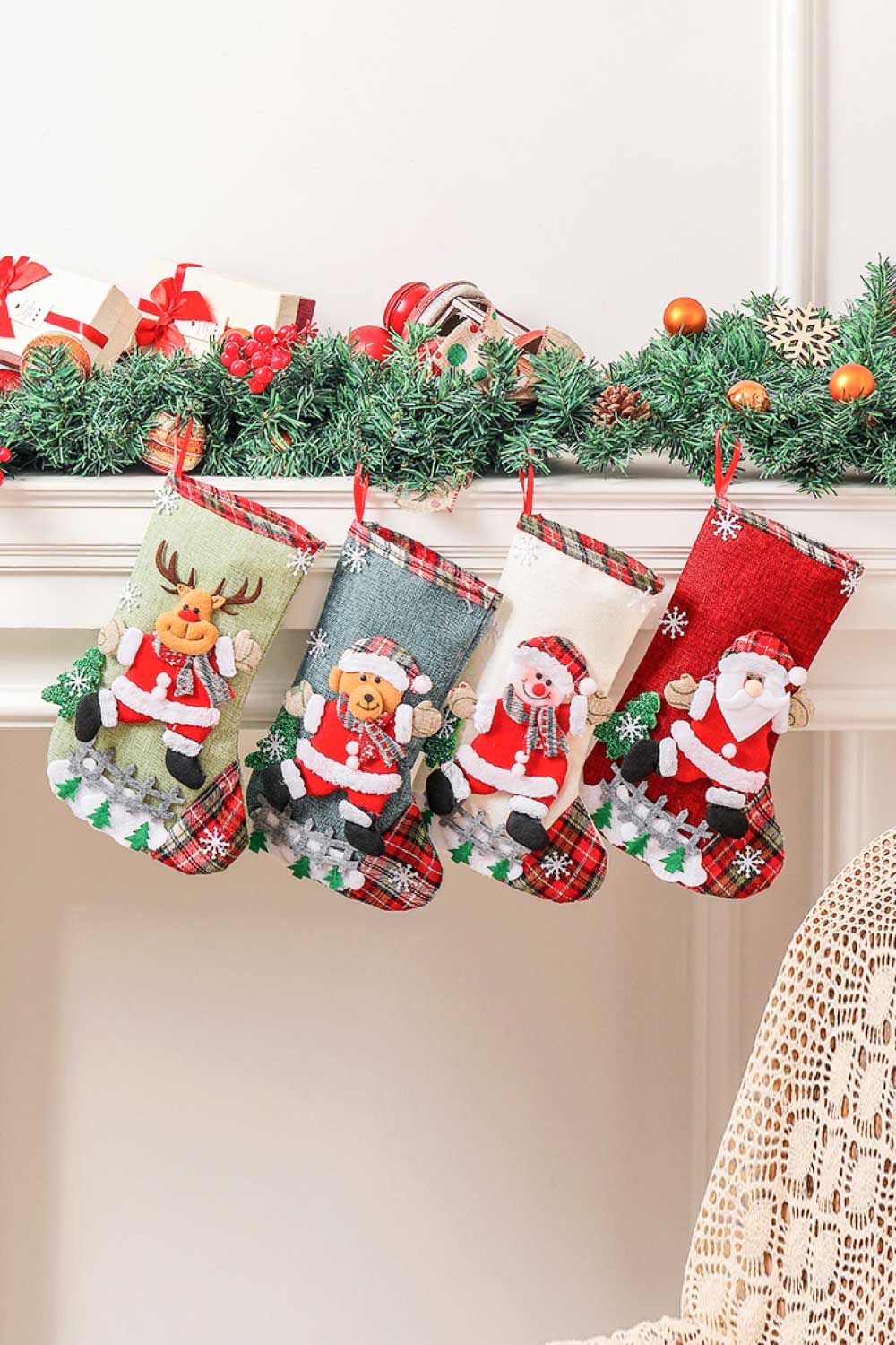 Rustic Holiday Character Stockings - 4 Pack